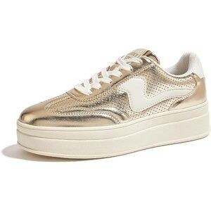 Women Platform Gold White Sneaker Thick Sole Suede Leather Low Top Walking Shoes